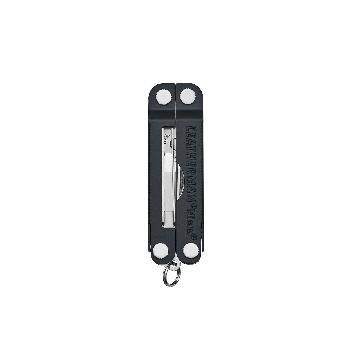Translation missing: en.Black Leatherman Micra® multi-tool closed, showcasing its compact design and keychain attachment