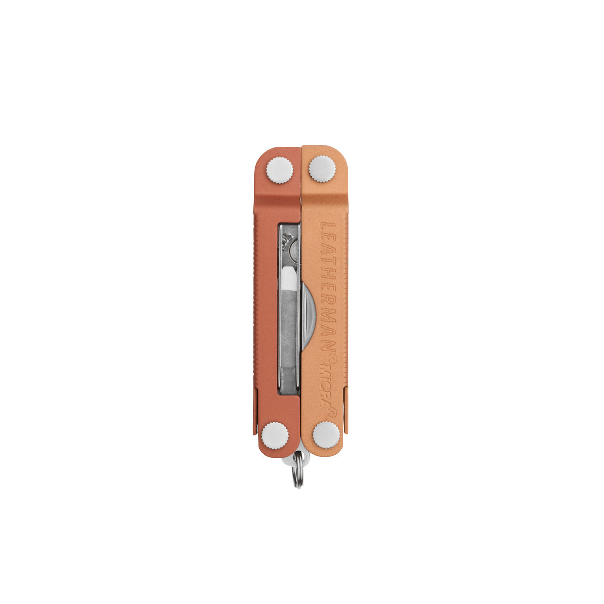 Translation missing: en.Pumpkin Spice Leatherman Micra® multi-tool closed, showcasing the tweezers and Leatherman brand on one handle