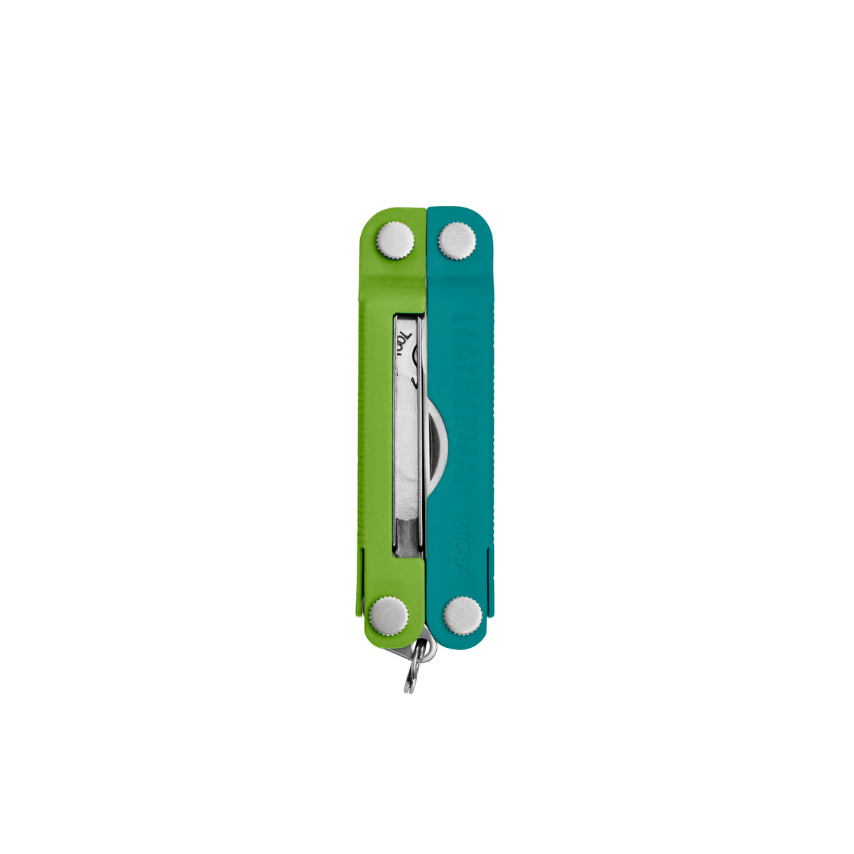 Translation missing: en.Teal Twist Leatherman Micra® multi-tool closed, showcasing the tweezers and Leatherman brand on one handle