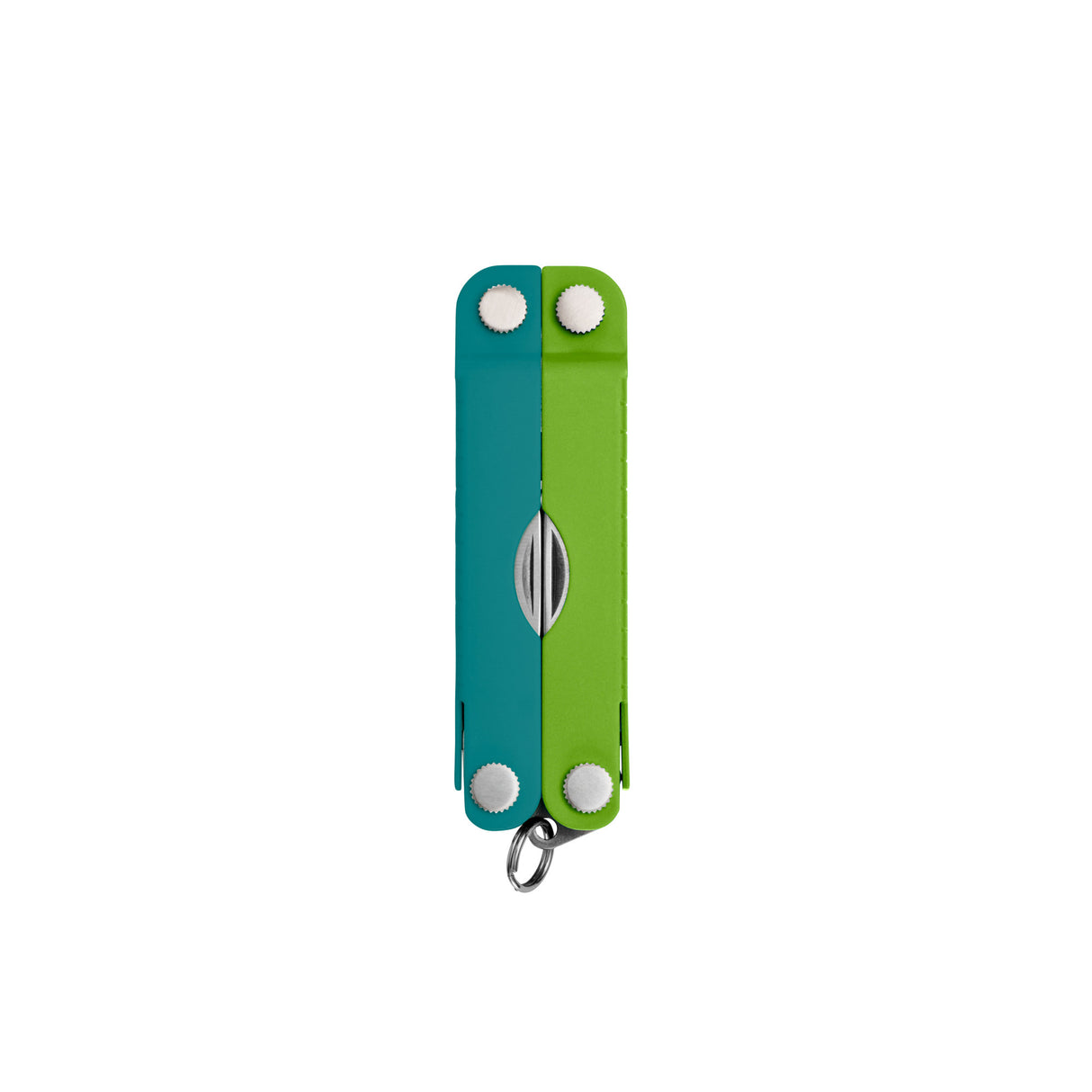 Translation missing: en.Teal Twist Leatherman Micra® multi-tool closed, showcasing its compact design and keychain attachment