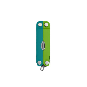 Translation missing: en.Teal Twist Leatherman Micra® multi-tool closed, showcasing its compact design and keychain attachment