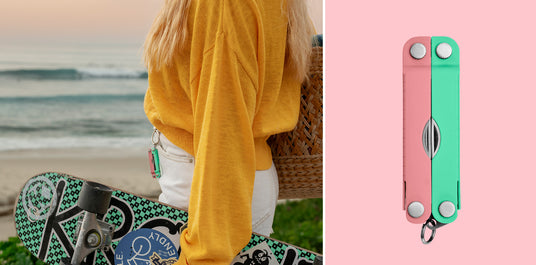 Translation missing: en.Two side-by-side images of a Leatherman Micra® in Bayside color on a skaters belt loop and the back closed view of the Leatherman Micra®
