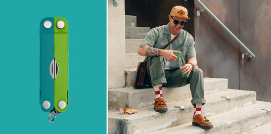 Translation missing: en.Two side-by-side images of a Leatherman Micra® in Teal Twist color closed back view and a man sitting on concrete steps opening a bottle with the Leatherman Micra® bottle opener