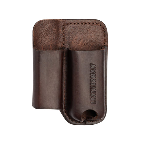 Translation missing: en.Dark Brown premium leather multitool sheath with two compartments and LEATHERMAN logo embossed on the front