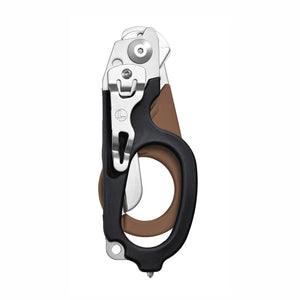 Translation missing: en.Coyote and Black Leatherman Raptor Rescue trauma shears folded, featuring the pocket clip and lanyard hole
