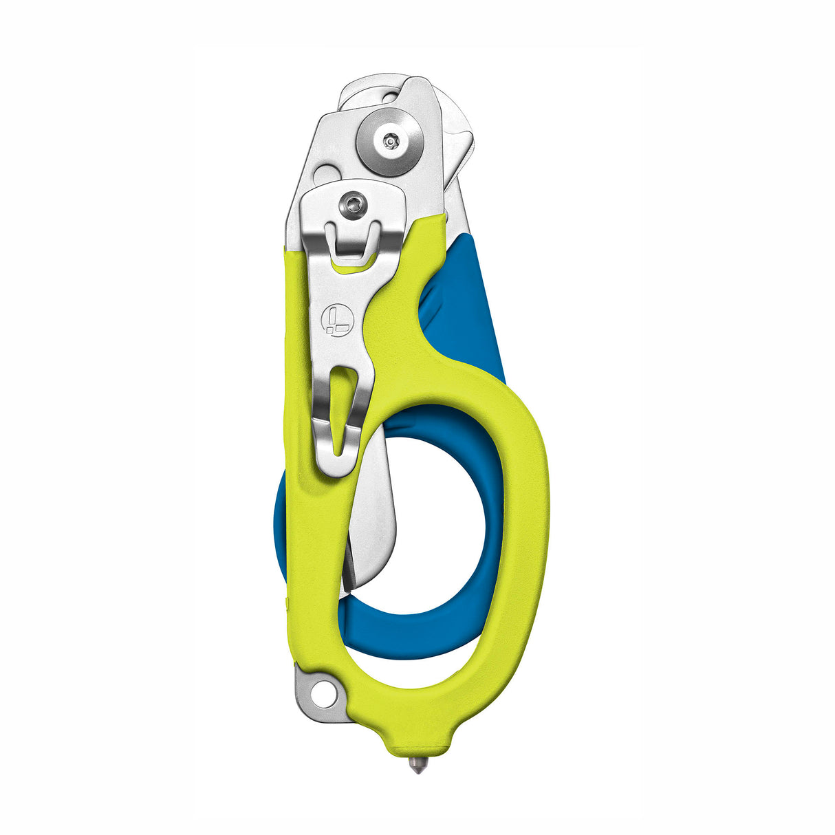 Translation missing: en.Yellow and Blue Leatherman Raptor Rescue trauma shears folded, featuring the pocket clip and lanyard hole
