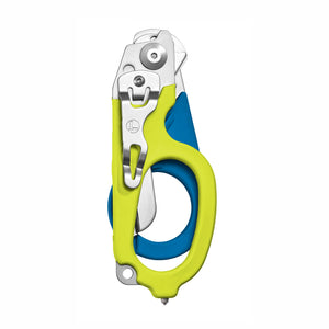 Translation missing: en.Yellow and Blue Leatherman Raptor Rescue trauma shears folded, featuring the pocket clip and lanyard hole