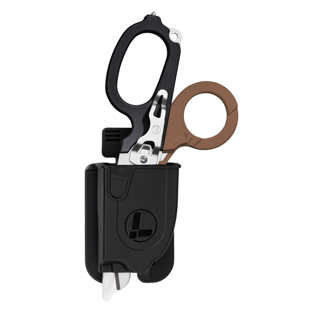 Translation missing: en.Black Raptor® Rescue Holster with Leatherman Raptor Rescue inside, showcasing its easy access