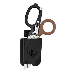 Translation missing: en.Black Raptor® Rescue Holster with Leatherman Raptor Rescue inside, showcasing its easy access