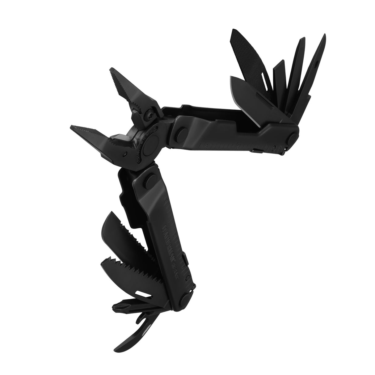 Translation missing: en.Black Leatherman Rebar® multi-tool beauty image showing the various tools and features