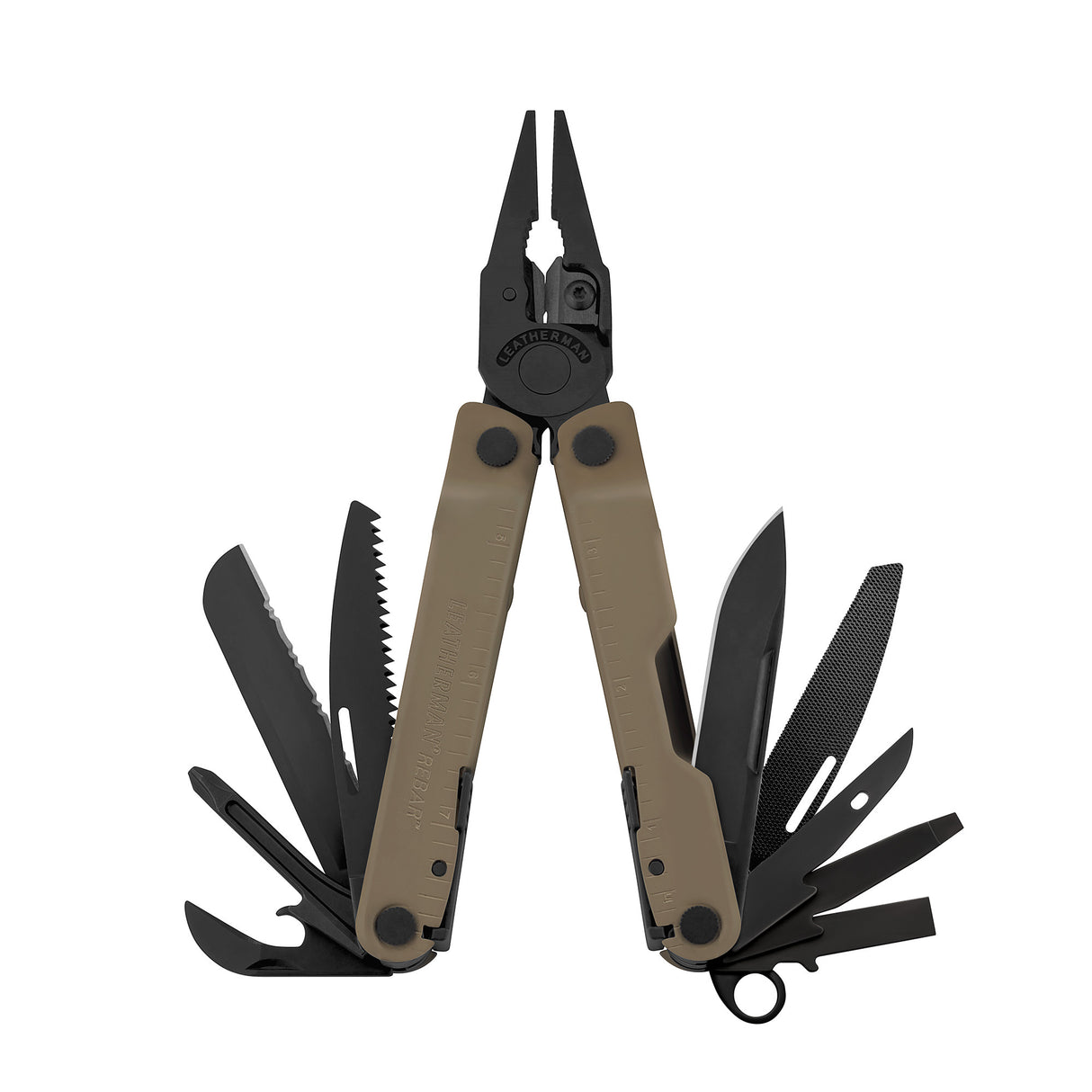 Translation missing: en.Coyote Tan Leatherman Rebar® multi-tool with pliers and various tools deployed