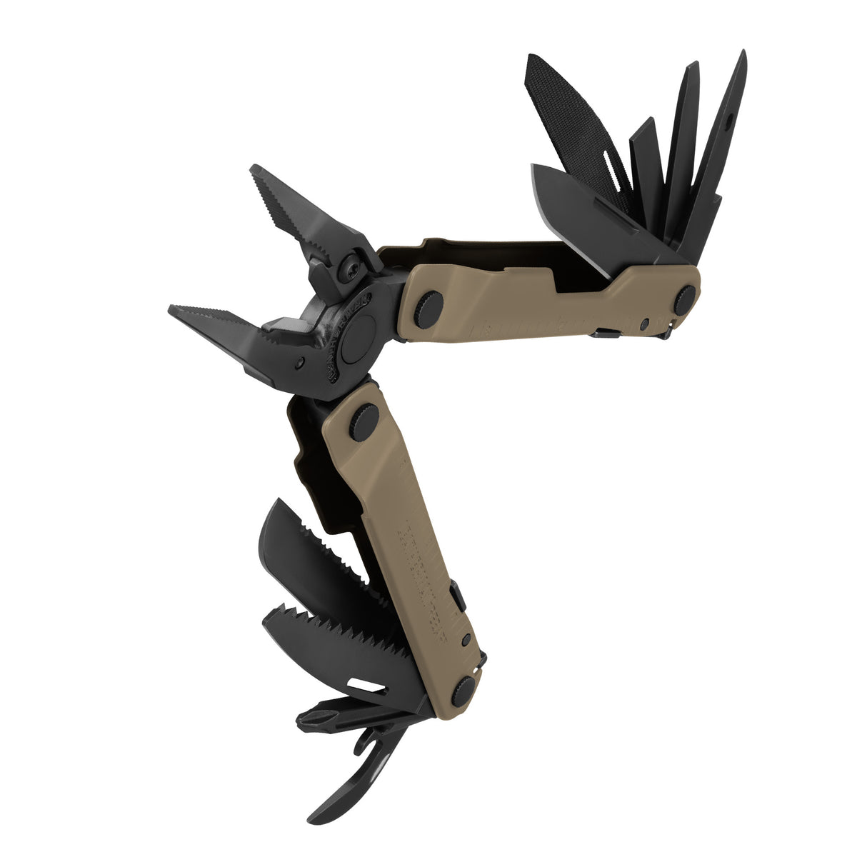 Translation missing: en.Coyote Tan Leatherman Rebar® multitool beauty image showing the various tools and features