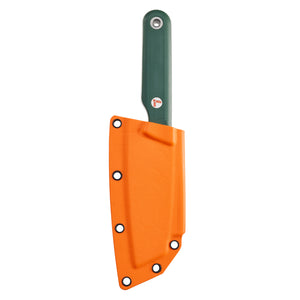 Translation missing: en.Leatherman Rustle Evergreen knife inserted into a bright orange sheath, showing the green handle and logo against a white background