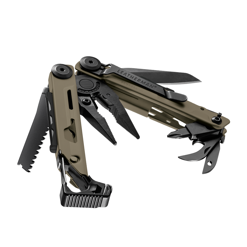 Translation missing: en.Coyote Tan  Leatherman Signal® multitool beauty image showing the various tools and features