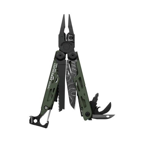Translation missing: en.Green Leatherman Signal® multi-tool showcasing pliers, blades, and other essential features for outdoor adventures