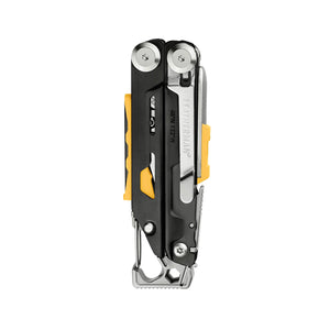 Translation missing: en.Black &amp; Stainless Leatherman Signal® multi-tool closed, featuring pocket clip, hammer, and various functions for outdoor and emergency use