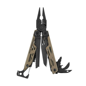 Translation missing: en.Coyote Tan Leatherman Signal® multi-tool showcasing pliers, blades, and other essential features for outdoor adventures