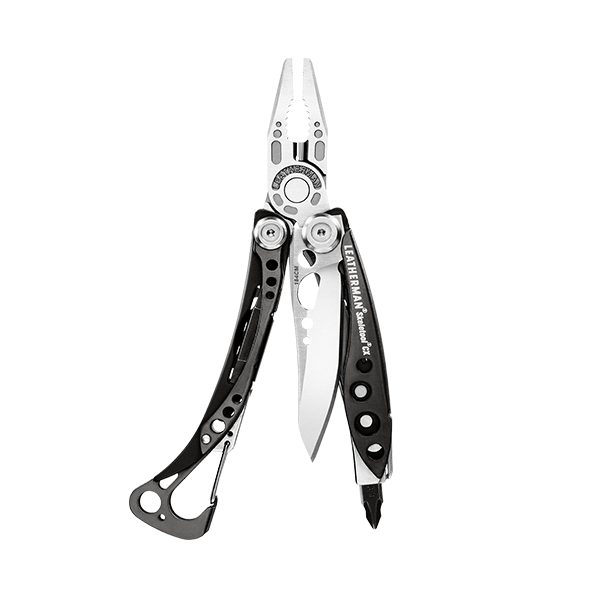 Translation missing: en.Skeletool® CX Black &amp; Stainless multitool open to pliers, knife blade, and bit driver