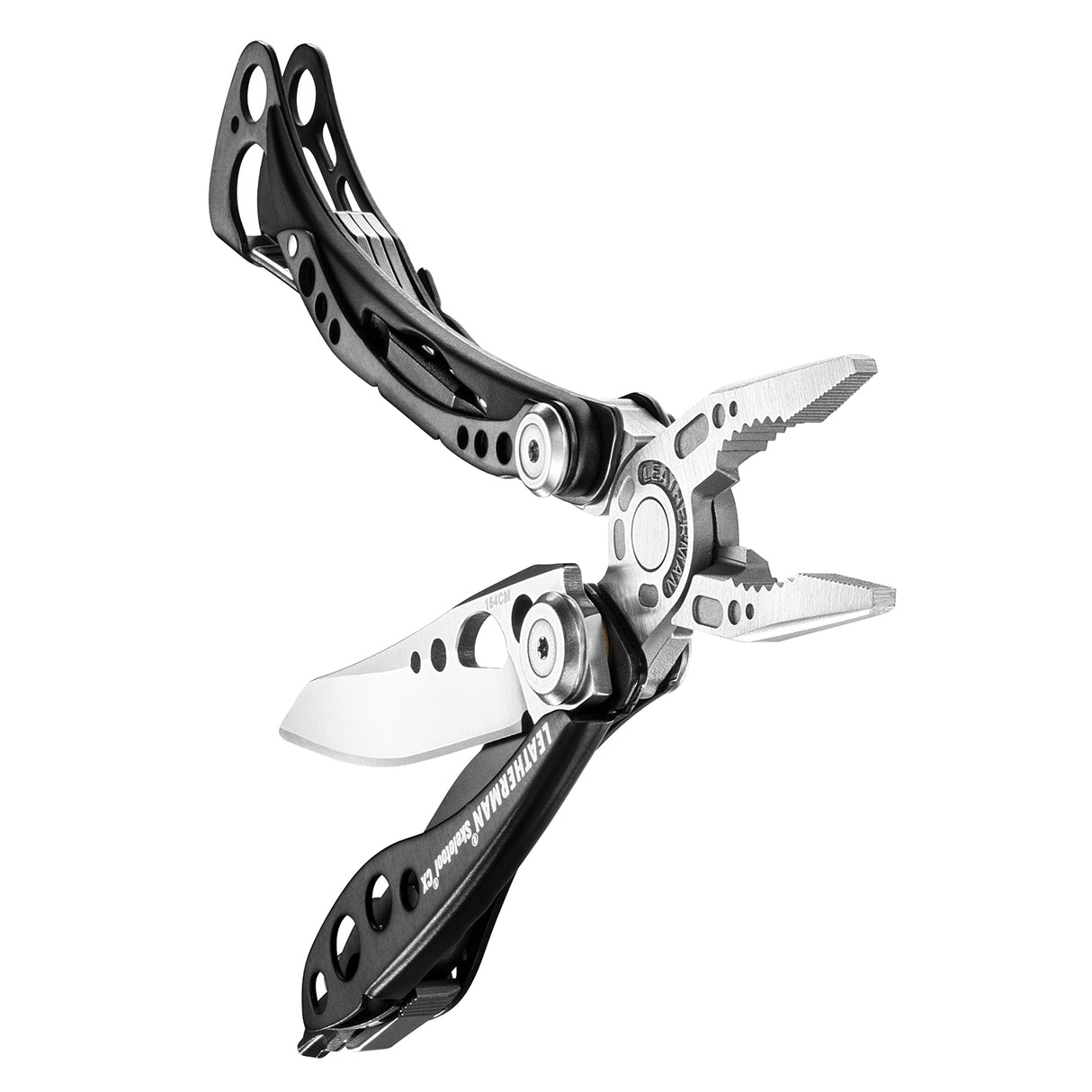 Translation missing: en.Skeletool® CX Black &amp; Stainless multitool with open pliers, knife blade, and cutout handles