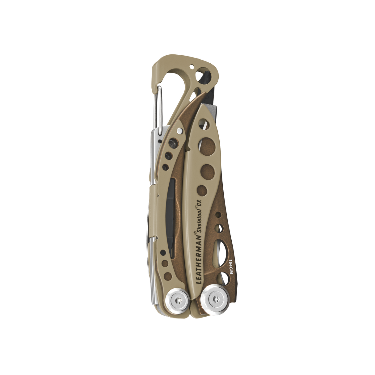 Translation missing: en.Folded Leatherman Skeletool Cx multitool in Sandstorm color with carabiner clip and cutout handles