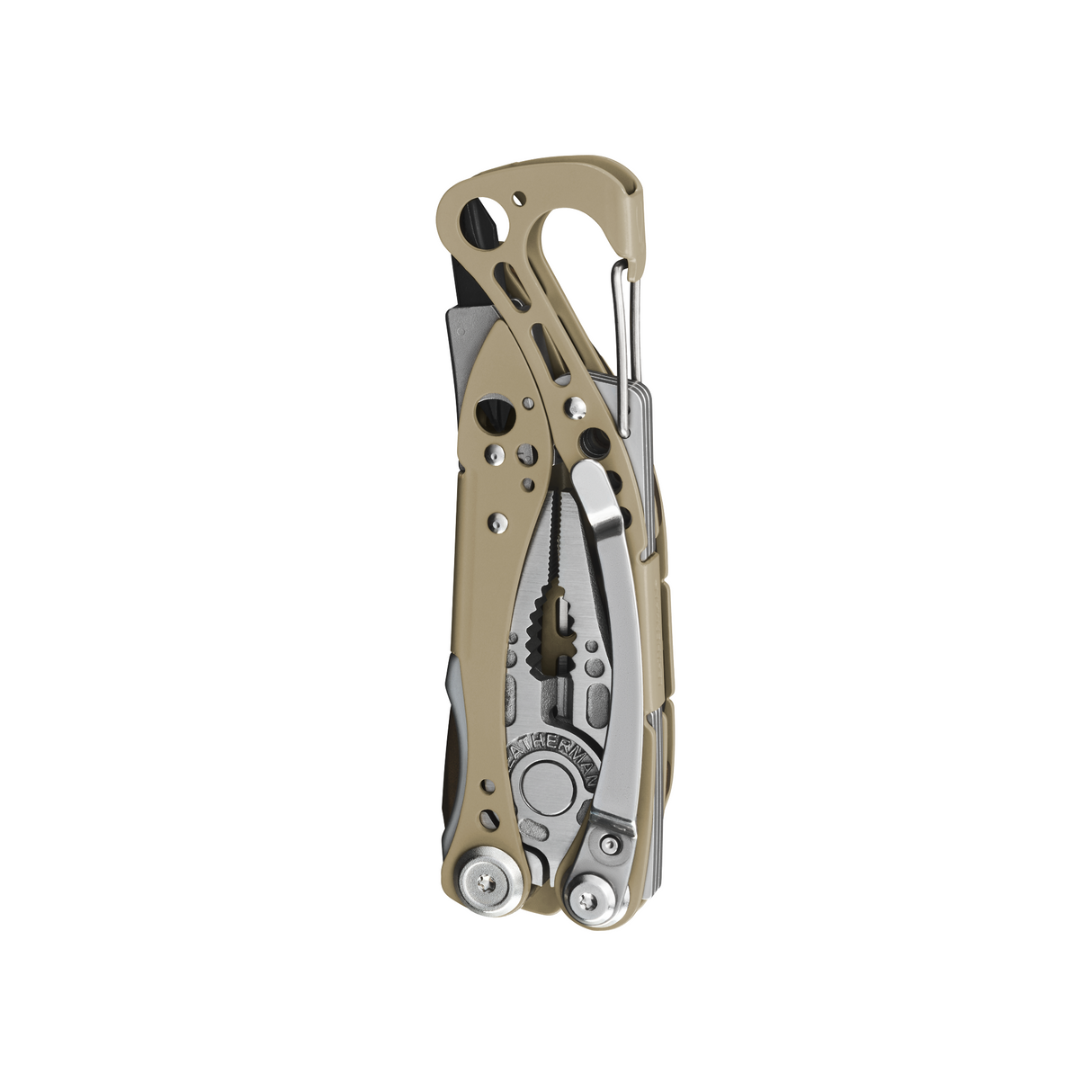 Translation missing: en.Folded Skeletool Cx multitool in Sandstorm color with visible plier head, carabiner clip, and cutout handle design