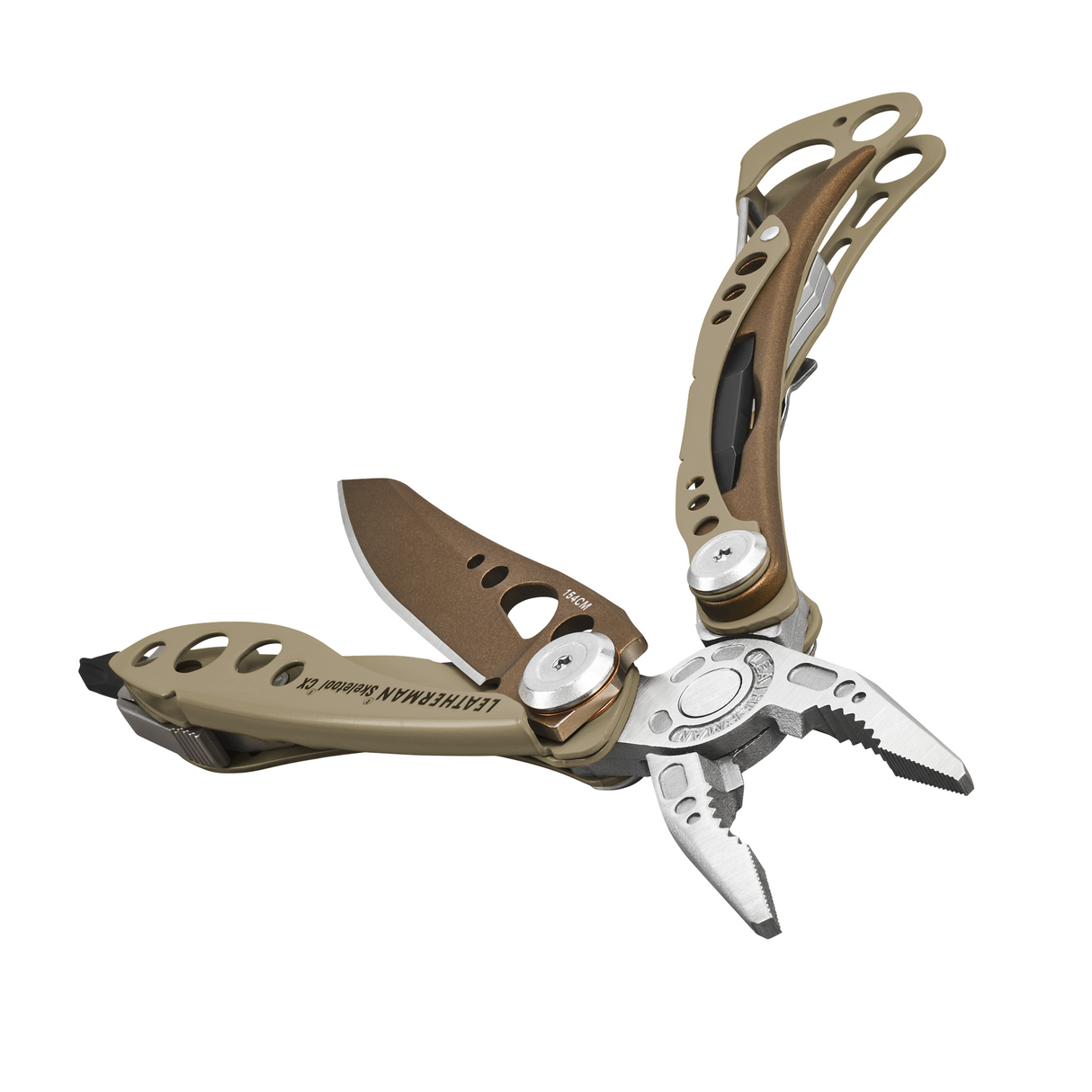 Translation missing: en.Skeletool Cx Sandstorm multitool with open pliers, partially extended knife blade, and cutout handles