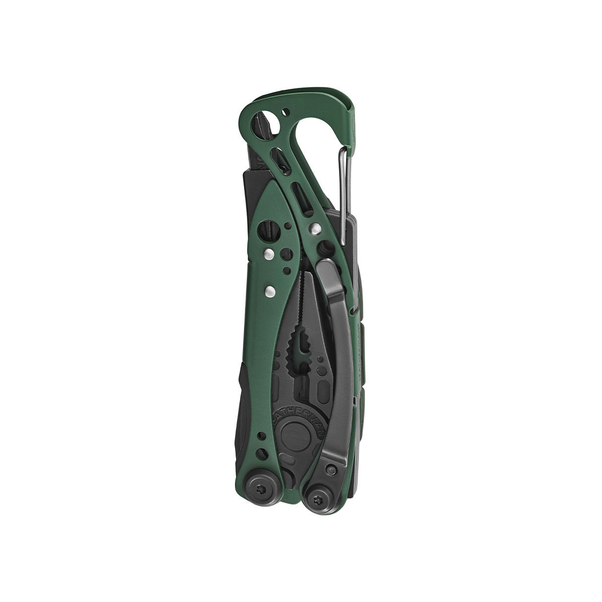Translation missing: en.Folded Skeletool® CX multitool in OD Green with visible plier head and carabiner clip