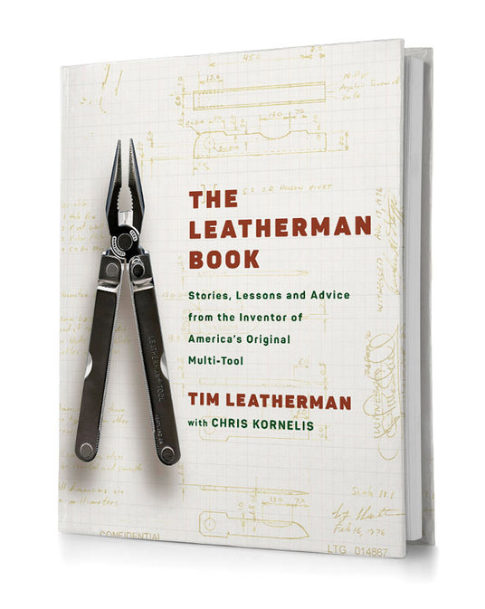 Translation missing: en.Cover of The Leatherman Book featuring Tim Leatherman's multi-tool and stories from the inventor