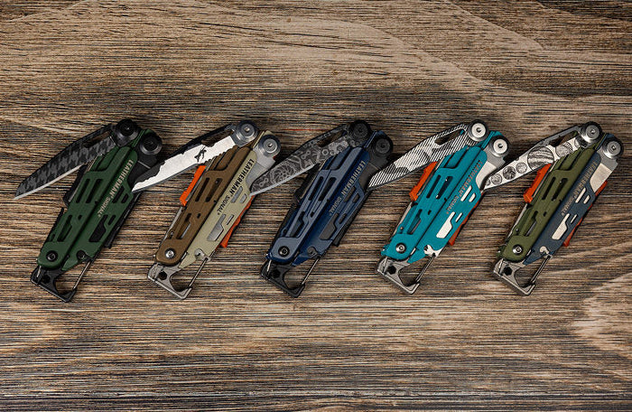 Translation missing: en.Five customized Leatherman Signal® multitools in various colors displayed on a wooden surface