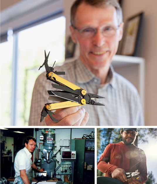 Translation missing: en. Tim proudly holding the Golden Wave Plus with smile in his face. History behind Leatherman success story and showcasing its innovative design and utility in tool-related activities