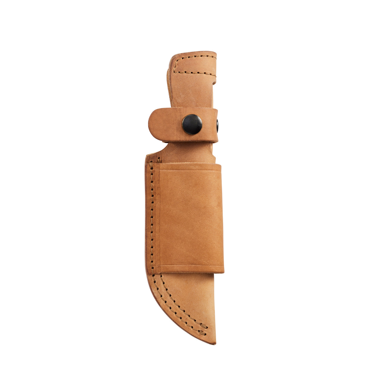 Translation missing: en.Tan leather belt sheath with black snap closures and contrast stitching, designed to hold a fixed-blade knife, displayed on a white background