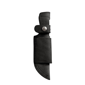 Translation missing: en.Black leather belt sheath with silver snap closures and reinforced stitching, designed to hold a fixed-blade knife, displayed on a white background
