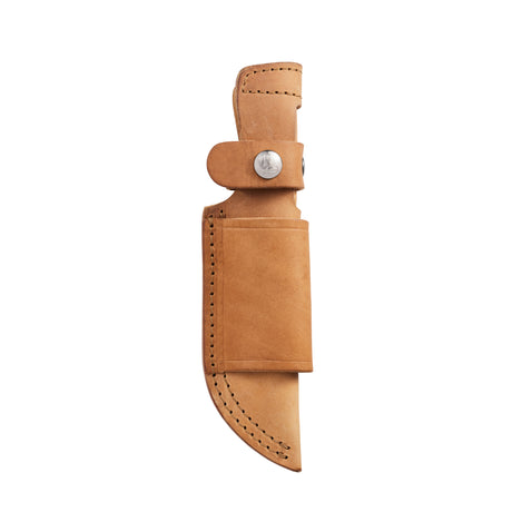 Translation missing: en.Tan leather belt sheath with silver snap closures and reinforced stitching, designed to securely hold a fixed-blade knife