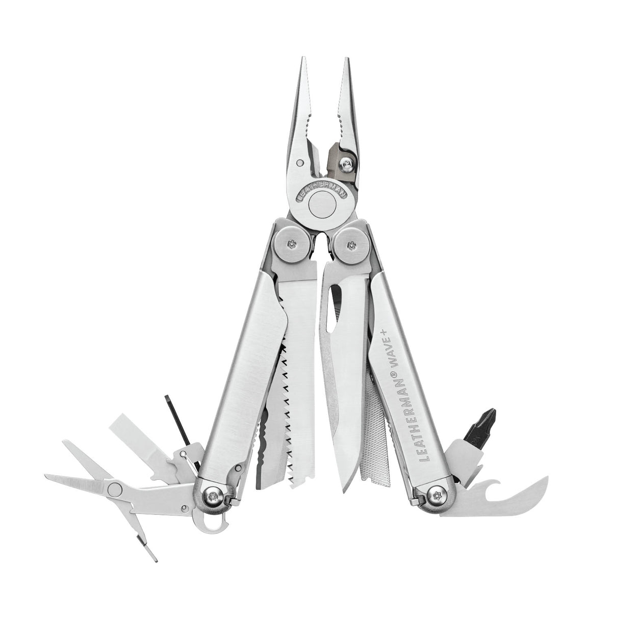 Translation missing: en.Stainless steel Leatherman Wave® Plus multi-tool with pliers and various blades, ideal for DIY, home repairs, and jobsite use