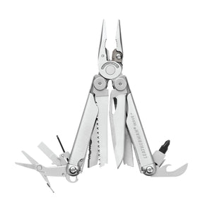 Translation missing: en.Stainless steel Leatherman Wave® Plus multi-tool with pliers and various blades, ideal for DIY, home repairs, and jobsite use