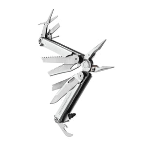 Translation missing: en.Stainless steel Leatherman Wave® Plus multitool beauty image showing the various tools and features