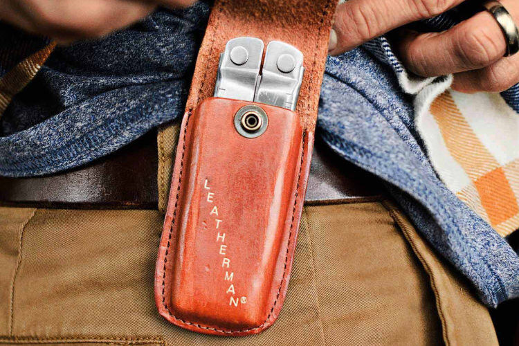 Rebar inside brown leather sheath attached to belt loop