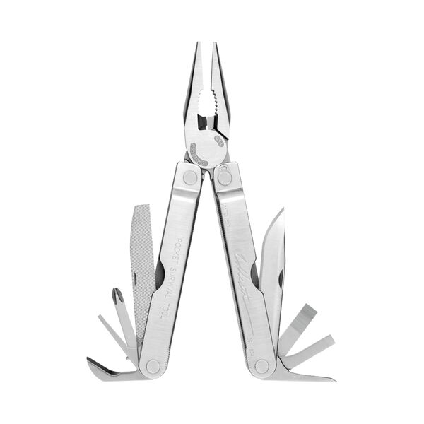 leatherman collector's edition pocket survival multi-tool, stainless steel, 14 tools, open view image 0