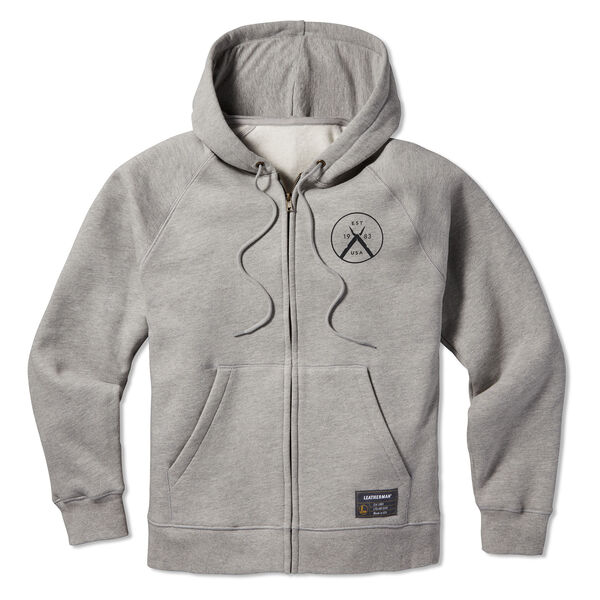 multi-tool zip up hoodie front with small logo