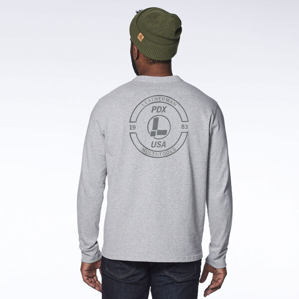 Gray Brand Stamp Long Sleeve Tee on mode showing back