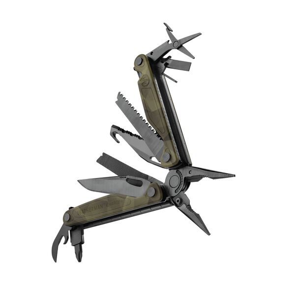 Leatherman Charge multi-tool, open view, forest camo, 19 tools