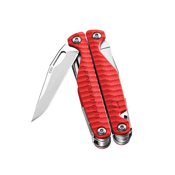 A closed red Leatherman Charge+ G10 multi-tool with the knife blade partially open image 2
