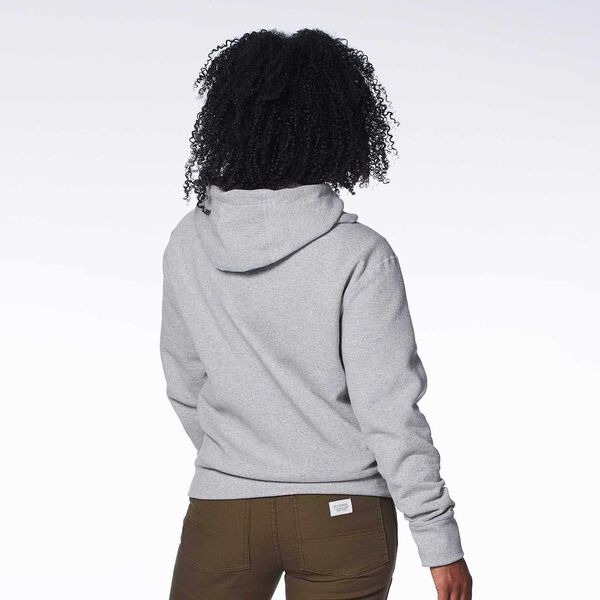 Gray Pullover hoodie with heritage badge on a model back