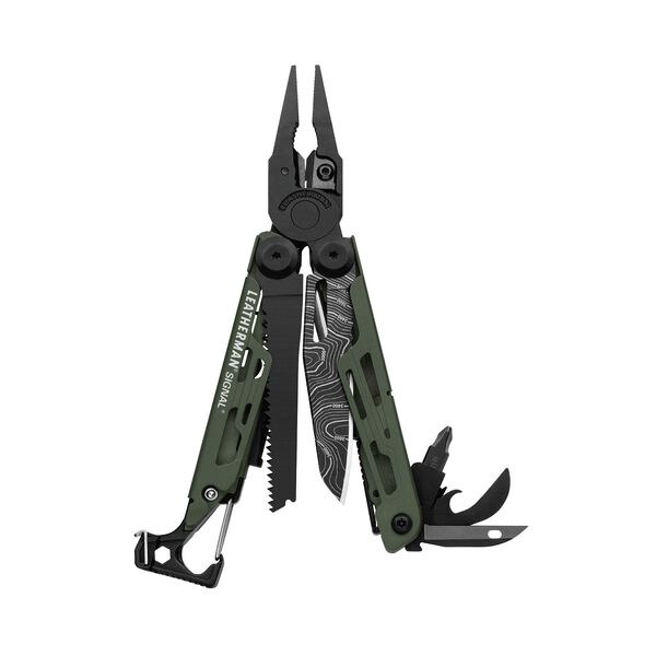 Leatherman signal multi-tool, green, fanned view, 19 tools image 0