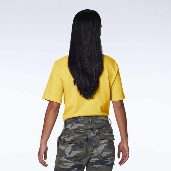 Yellow short sleeve T-Shirt with heritage badge on a model back