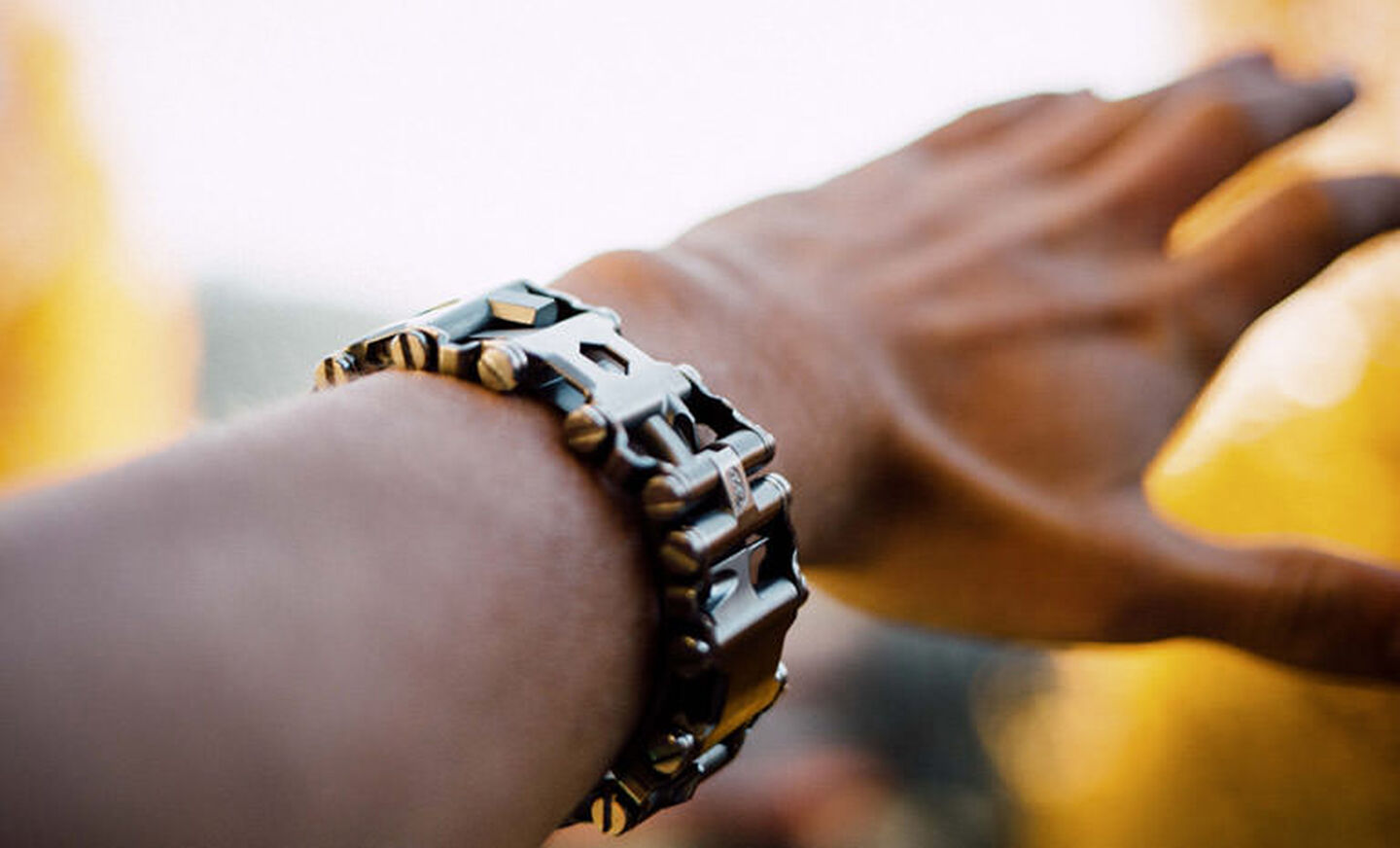 Leatherman tread multi-tool bracelet in stainless steel on wrist