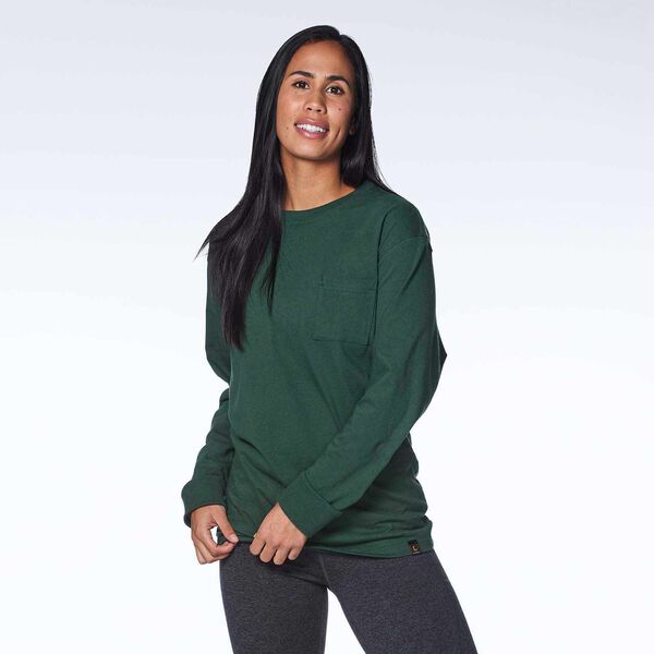 Green long sleeve Leatherman T-Shirt female model front