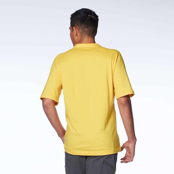 Yellow short sleeve T-Shirt with heritage badge on a male model back