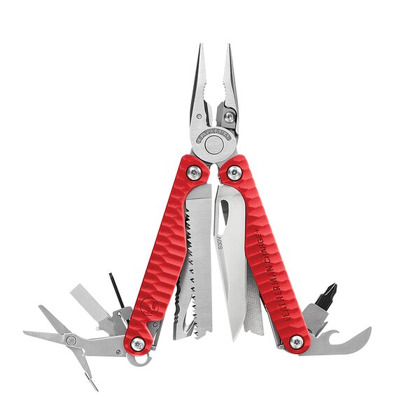 A red Leatherman Charge+ G10 multi-tool with the 19 tools fanned open image 0