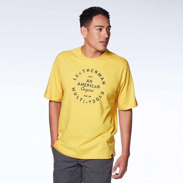 Yellow short sleeve T-Shirt with heritage badge on a male model front